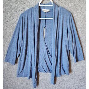 Chico's Zenergy Women's 3/4 Sleeve Open Front Cardigan Top Cutout Back Blue Sz L